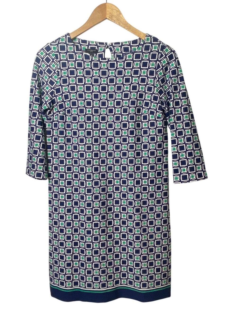 Talbots Navy Green Geometric Pullon Knit Knee Length Tunic Dress Size 2 Petite